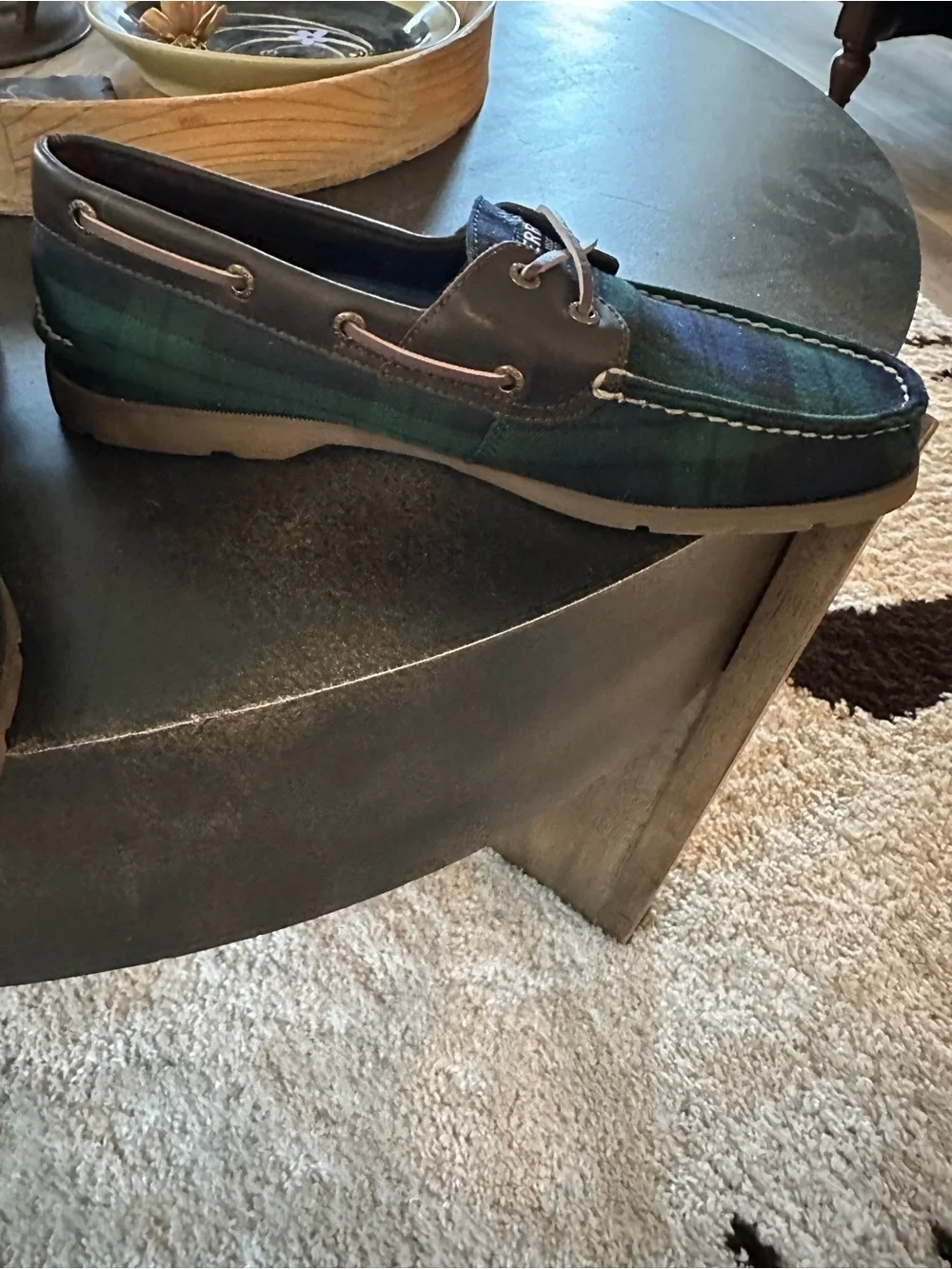 Sperry Green and Navy Plaid Leather-Trim Boat Shoes new
